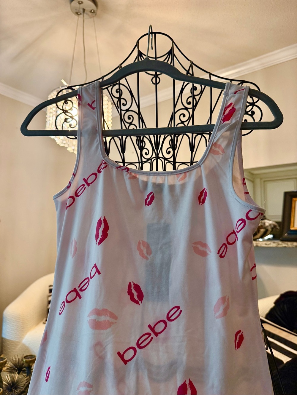 bebe White Tank Top with Pink Lip & Logo Print